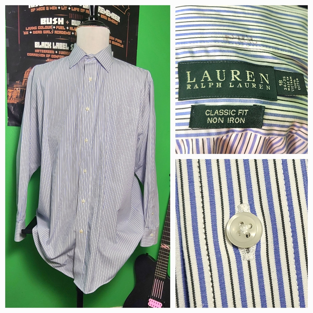 Lauren Ralph Lauren Classic Fit Non Iron Blue Stripe Btn Down Shirt XL 18 34/35
